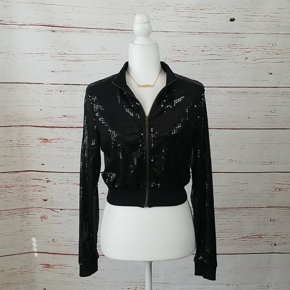 R&JC // black sequin full front zip cropped jacket